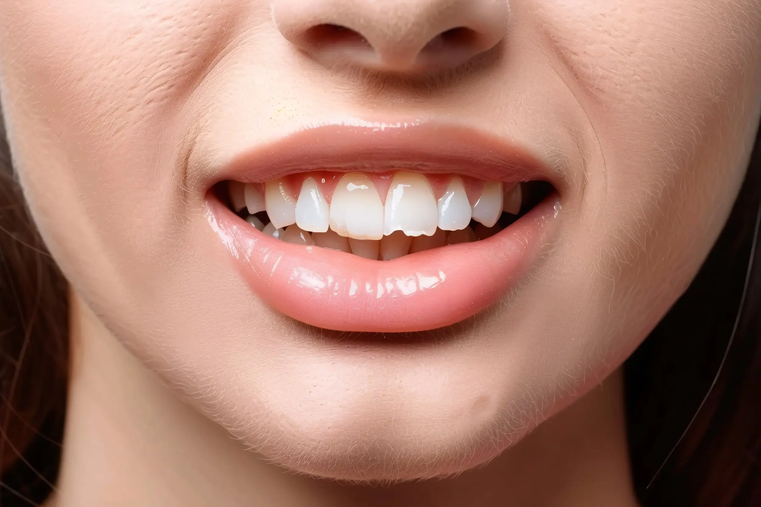 A close up shot of a woman's teeth with one chipped tooth